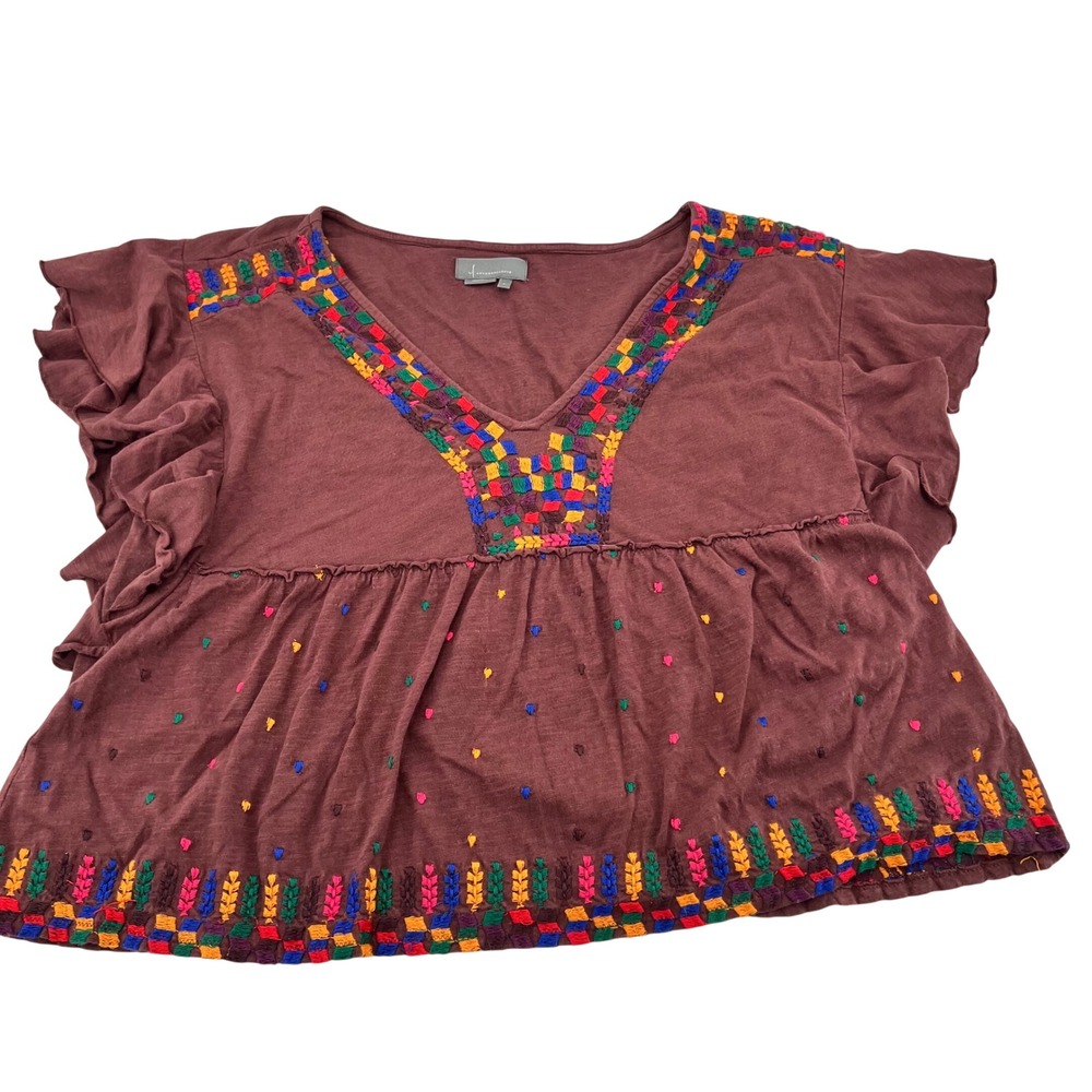Anthropologie Women XL Brown Embroidered Ruffle Sleeve Babydoll Peplum Top